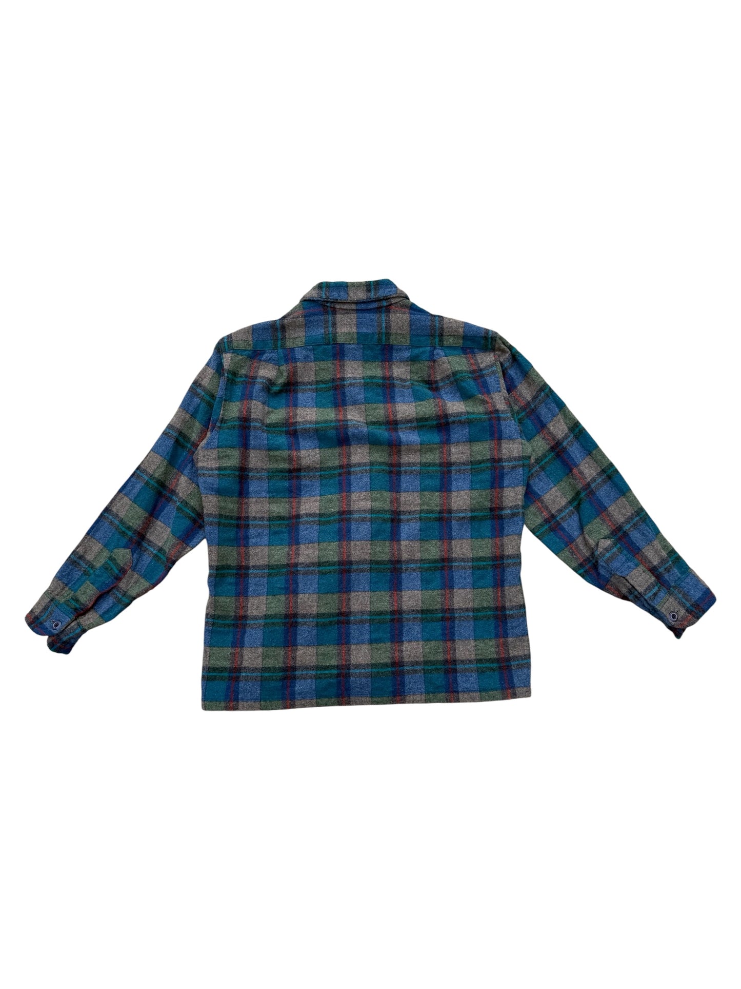 Vintage 1950s-60s Pendleton Wool Shirt Blue Green Plaid Loop Collar USA Made