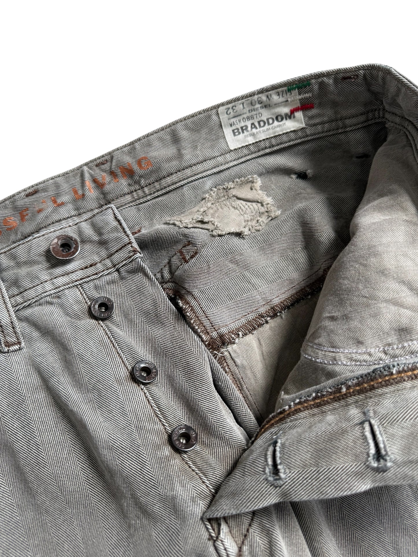 Diesel Braddom Regular Slim Carrot Grey Herringbone Distressed Jeans