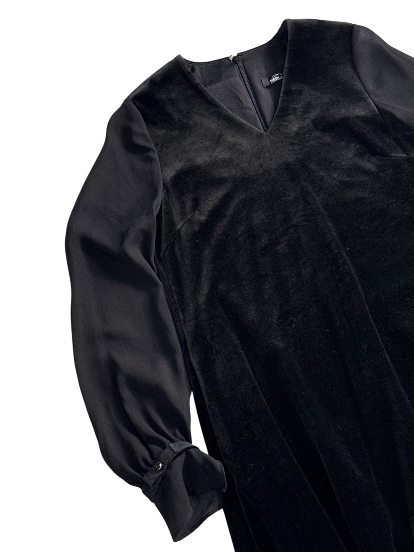 Karl Lagerfeld Limited Edition Black Velvet Dress Sheer Sleeve Minimal A Line