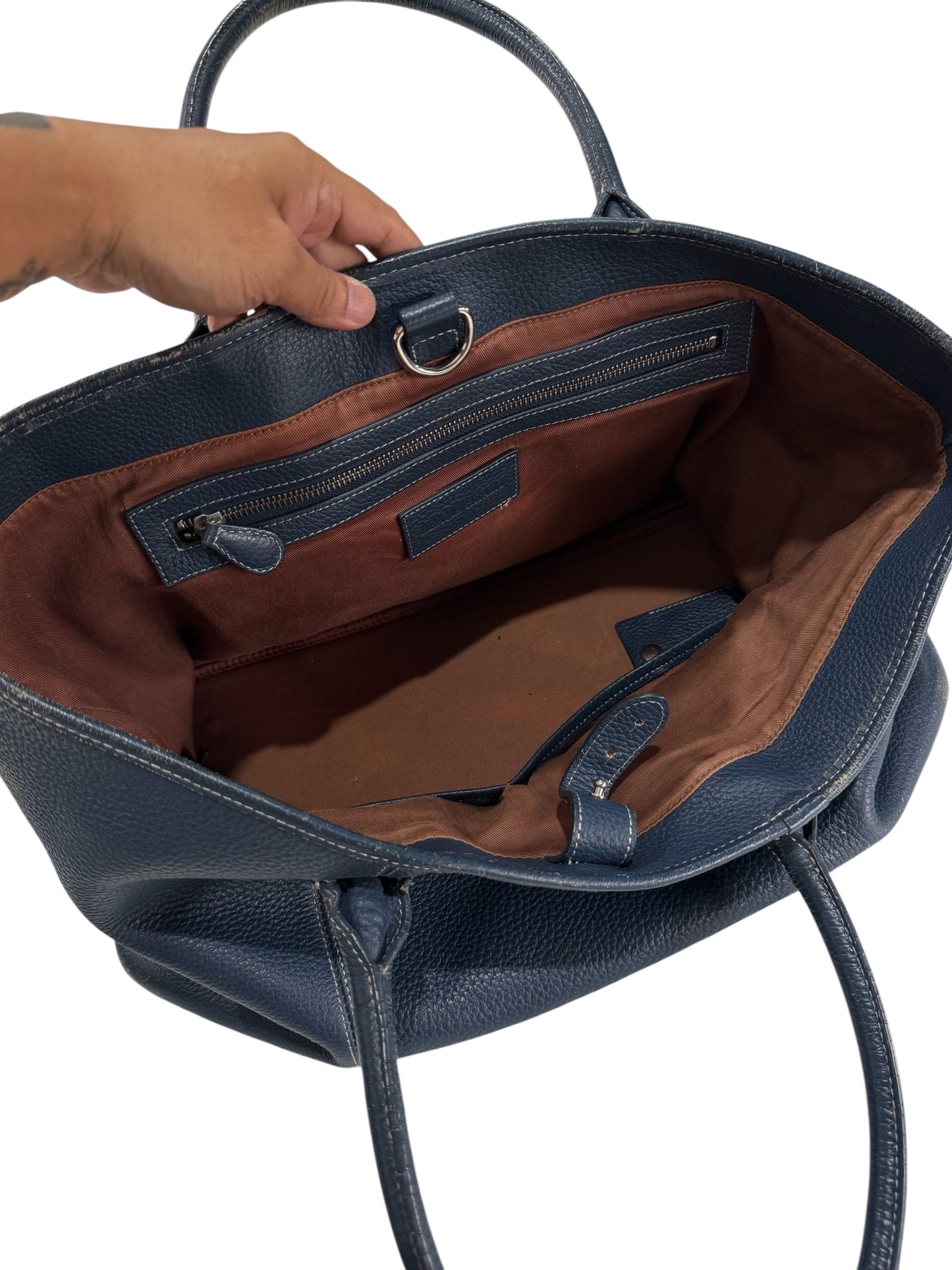 Beams Heart Navy Pebbled Leather Tote Bag Large Shopper Shoulder Bag