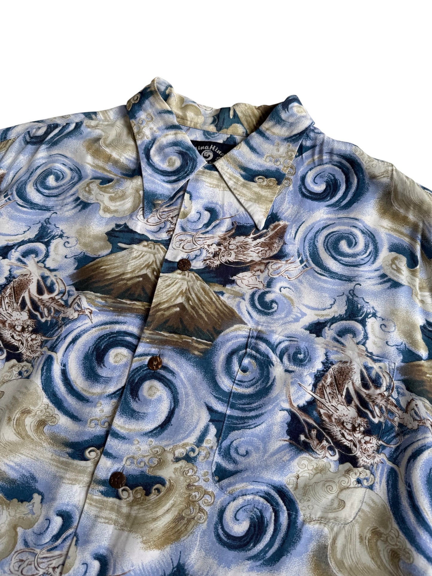 Vintage HinaHina Hawaiian Rayon Aloha Shirt Dragon Mount Fuji Wave Print