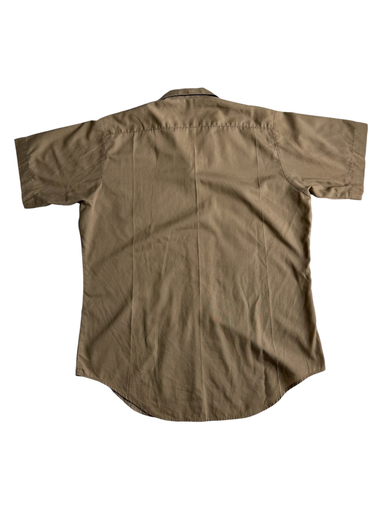 Vintage Beige Short Sleeve Utility Work Shirt Open Collar Button Up