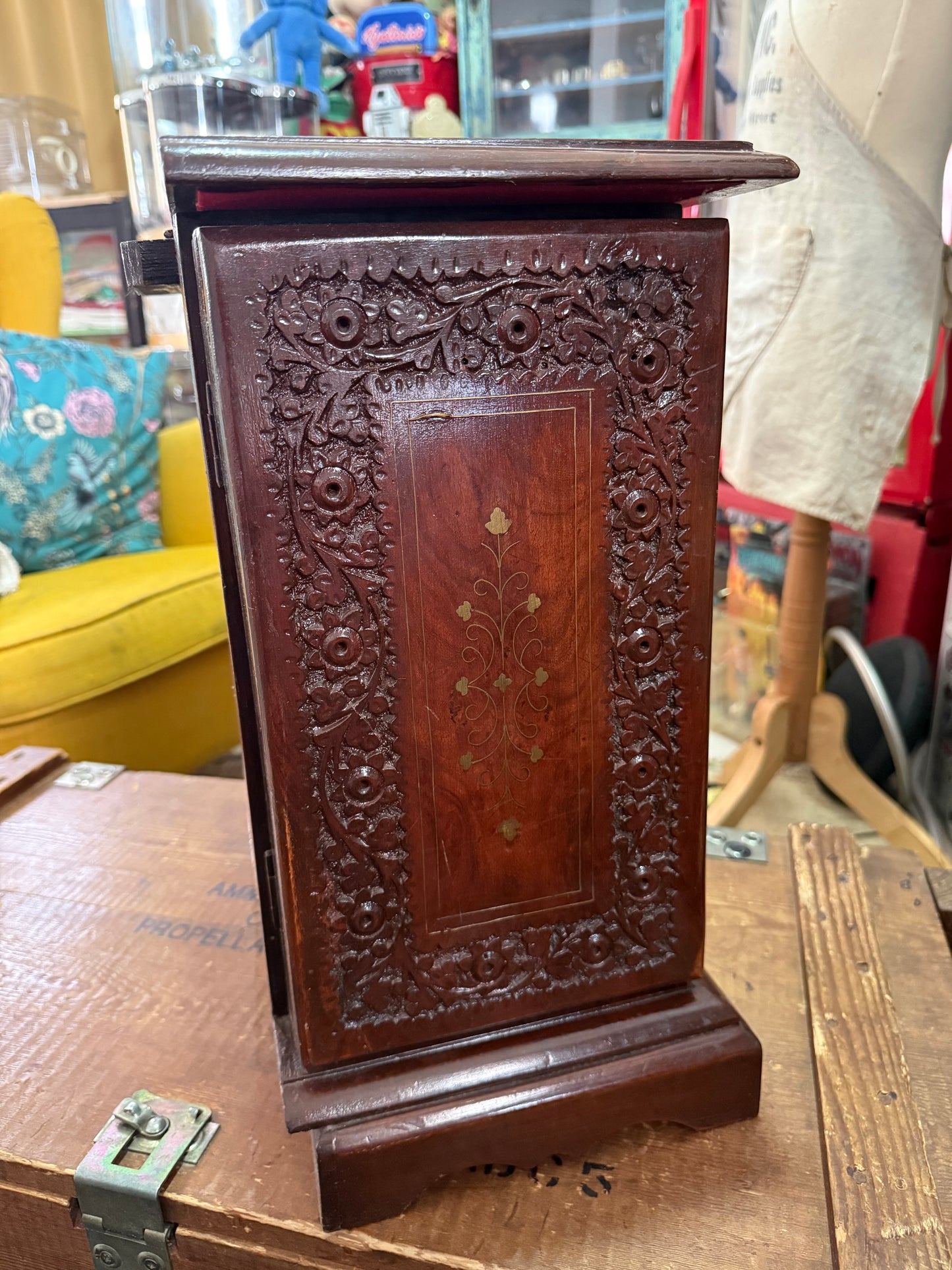 Vintage Hand Carved Wooden Jewelry Cabinet Brass Inlay Velvet Lined Chest