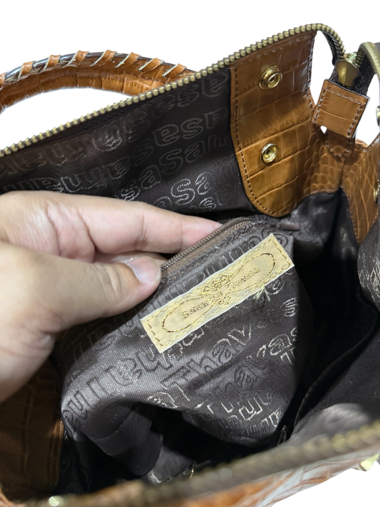 Vintage Samantha Thavasa Croc Embossed Leather Satchel Handbag 2-Way Padlock Bag