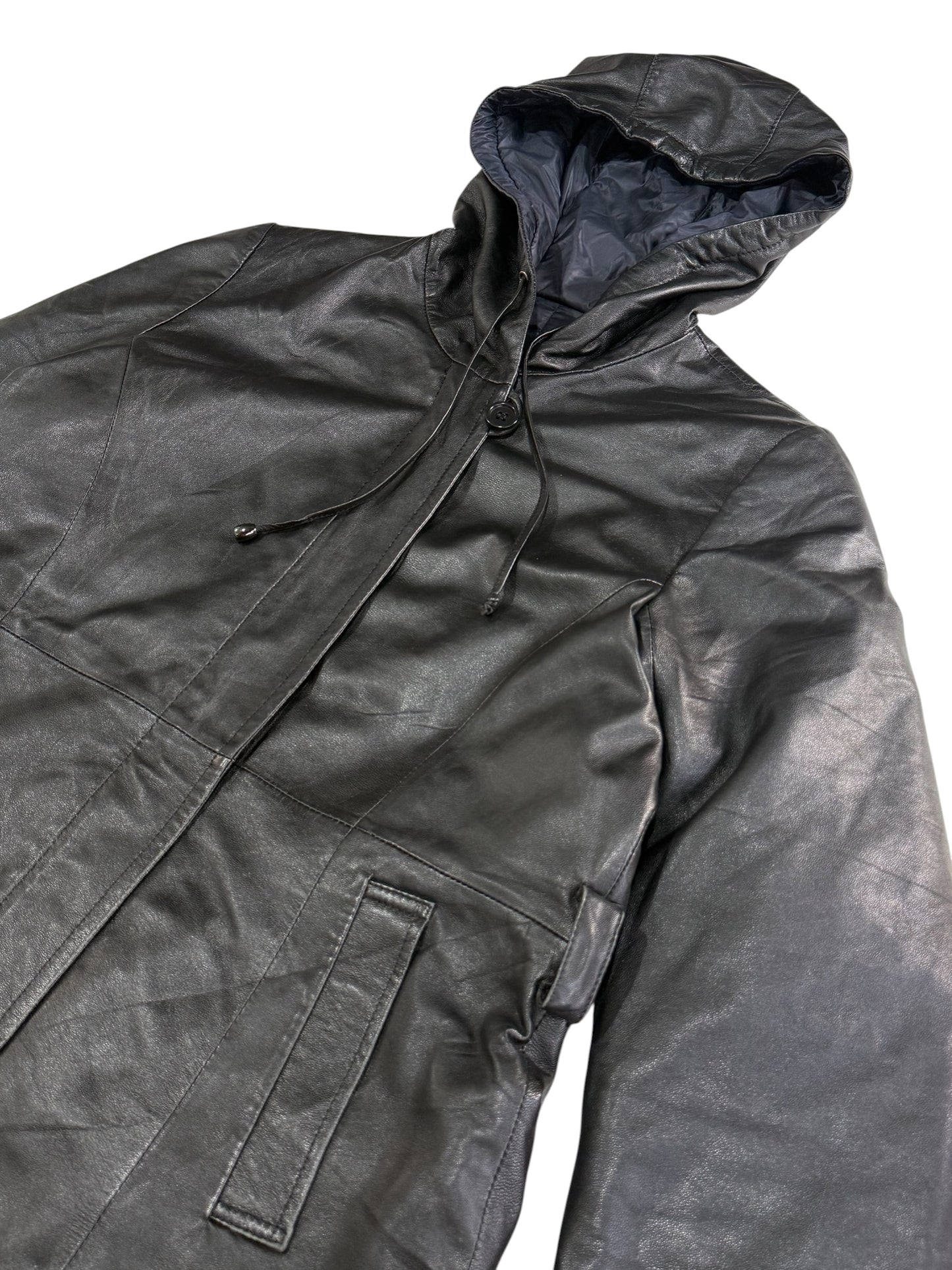 Vintage Balmain Paris Lambskin Leather Down Puffer Coat Women Hooded