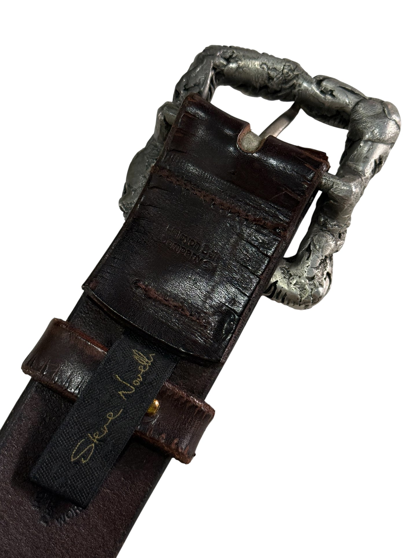 Vintage Steve Norelli Bridle Leather Belt Solid Pewter Buckle Made in England