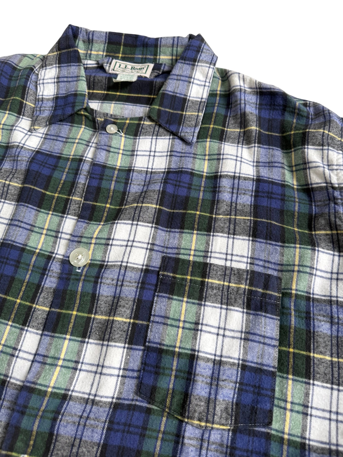 Vintage 1990s LL Bean Black Watch Plaid Flannel Pajama Shirt Made in USA