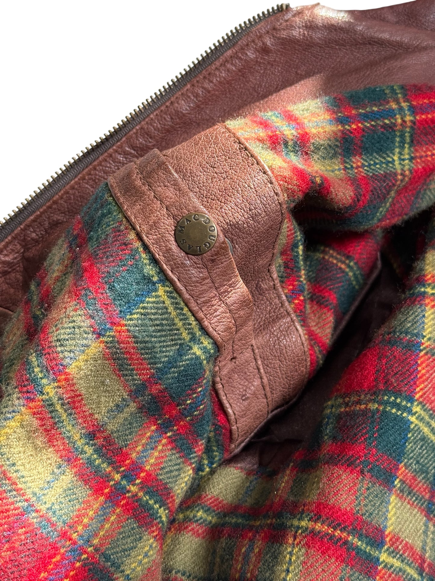 Vintage 80s 90s Mac Douglas Leather Jacket Plaid Lined Side Cinch Maroon Brown