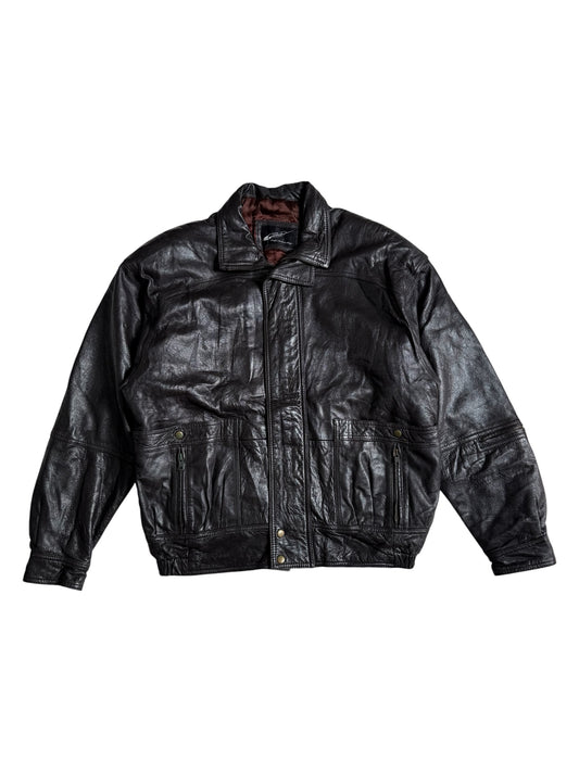 Vintage Three Gold Japan Dark Brown Leather Bomber Jacket