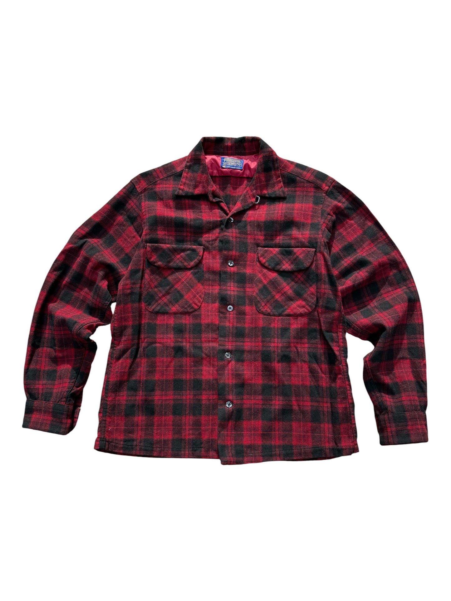 Vintage 1960s–70s Pendleton Red Black Plaid Virgin Wool Loop Collar Shirt Jacket USA