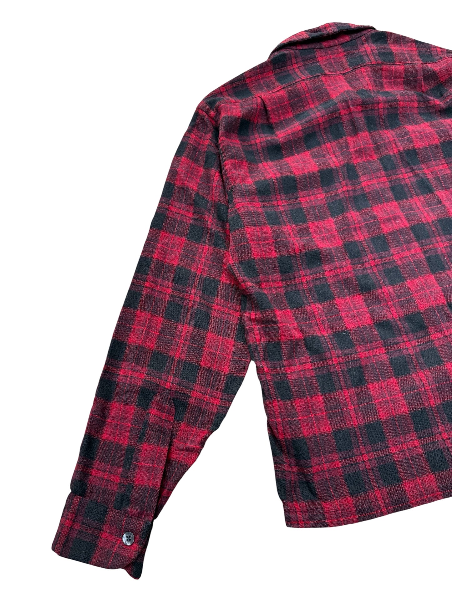 Vintage 1960s–70s Pendleton Red Black Plaid Virgin Wool Loop Collar Shirt Jacket USA