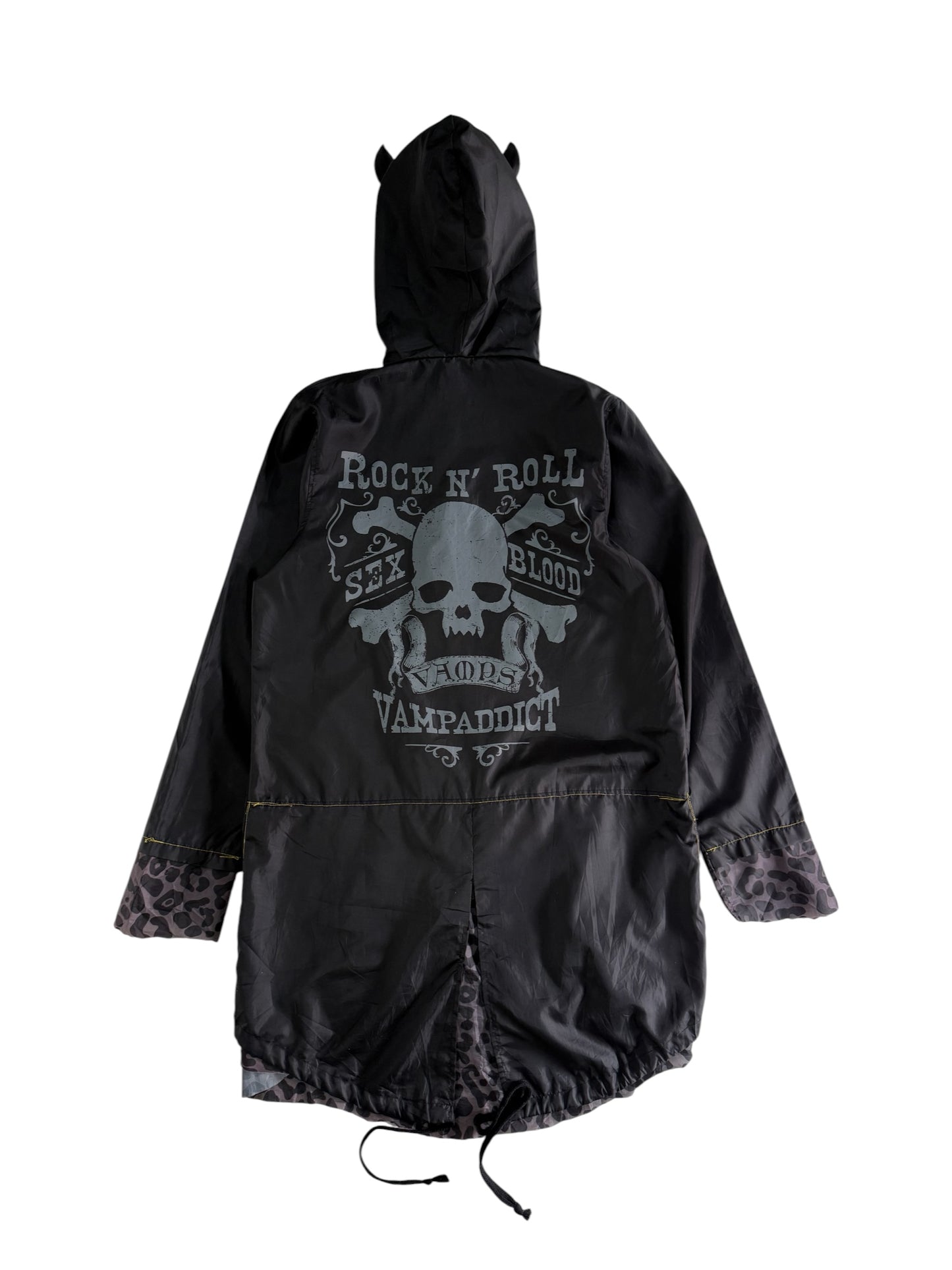 Vampaddict Gothic Hooded Rain Parka Jacket Rock N Roll Skull Graphic
