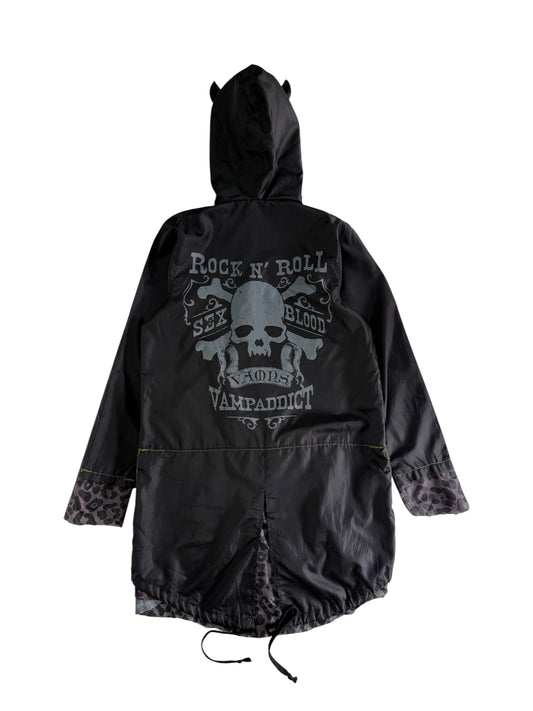 Vampaddict Gothic Hooded Rain Parka Jacket Rock N Roll Skull Graphic