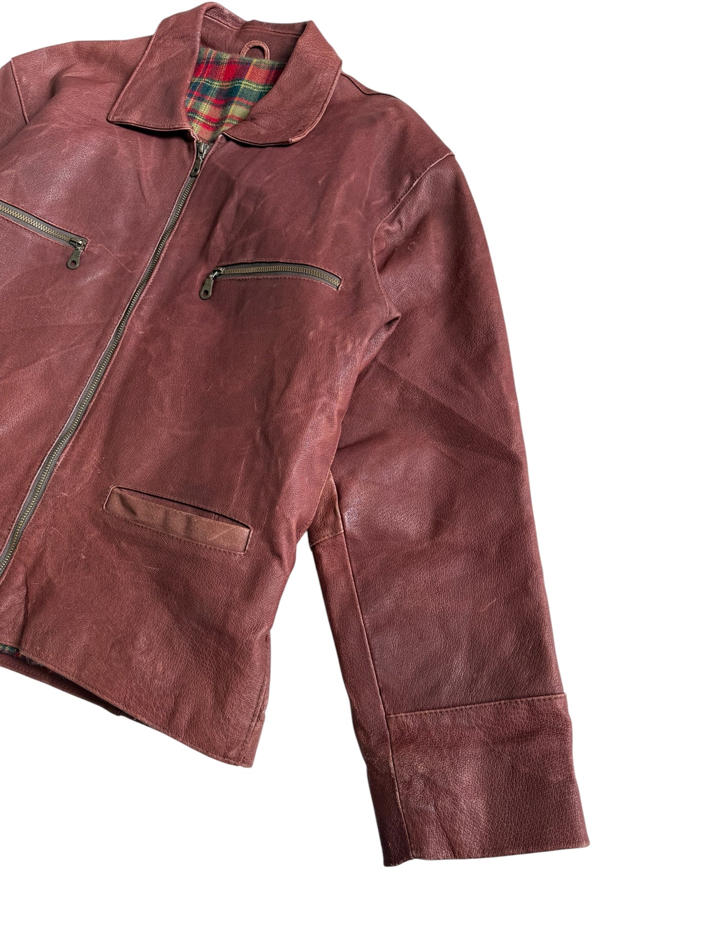 Vintage 80s 90s Mac Douglas Leather Jacket Plaid Lined Side Cinch Maroon Brown