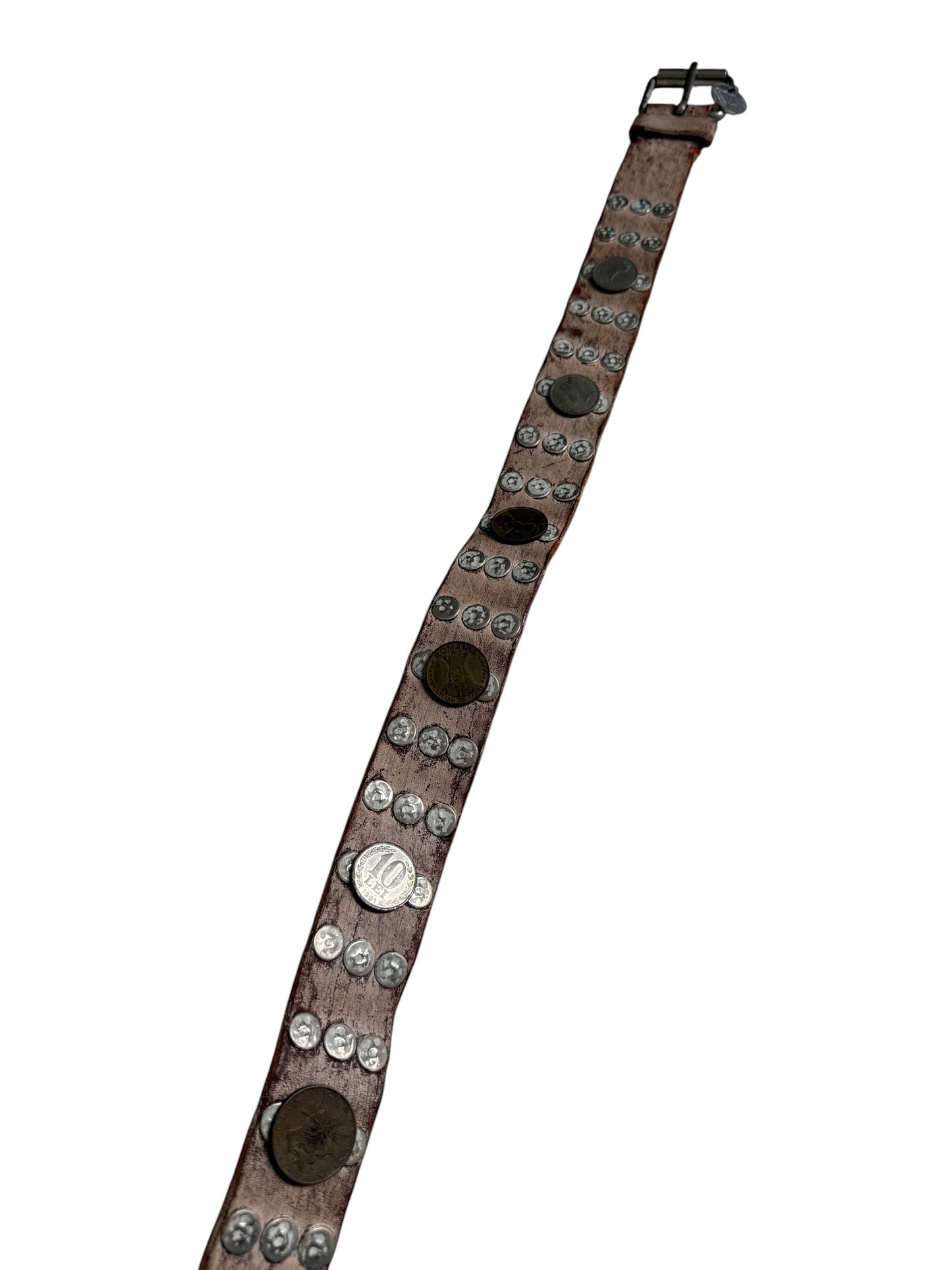 Handmade Distressed Leather Coin Studded Belt Mixed European Coins