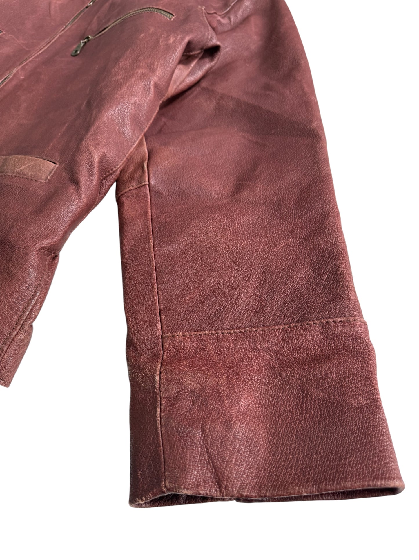 Vintage 80s 90s Mac Douglas Leather Jacket Plaid Lined Side Cinch Maroon Brown