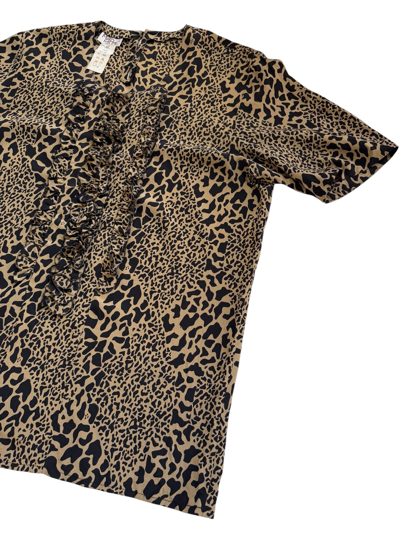 Vintage Mata Hari Leopard Silk Wool Ruffle Blouse Made In Italy
