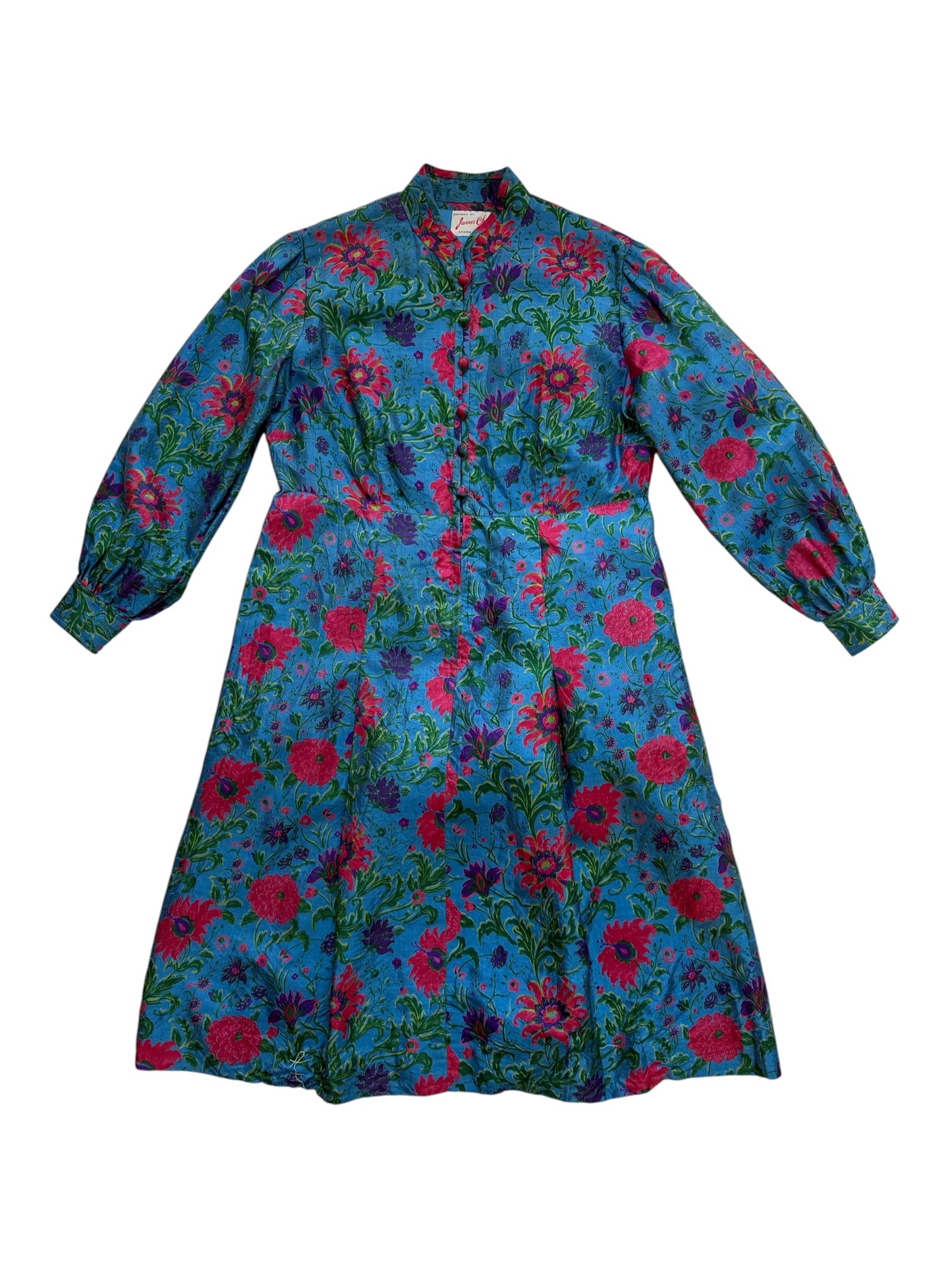 Vintage 1960s James Chen Hong Kong Blue Floral Mock Neck Midi Dress