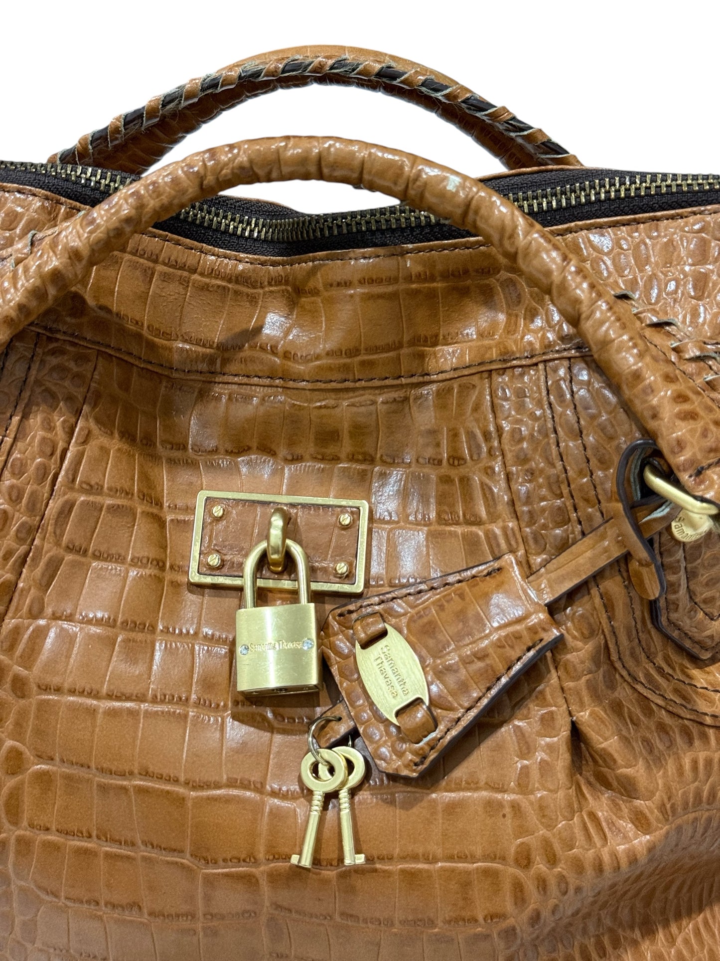 Vintage Samantha Thavasa Croc Embossed Leather Satchel Handbag 2-Way Padlock Bag