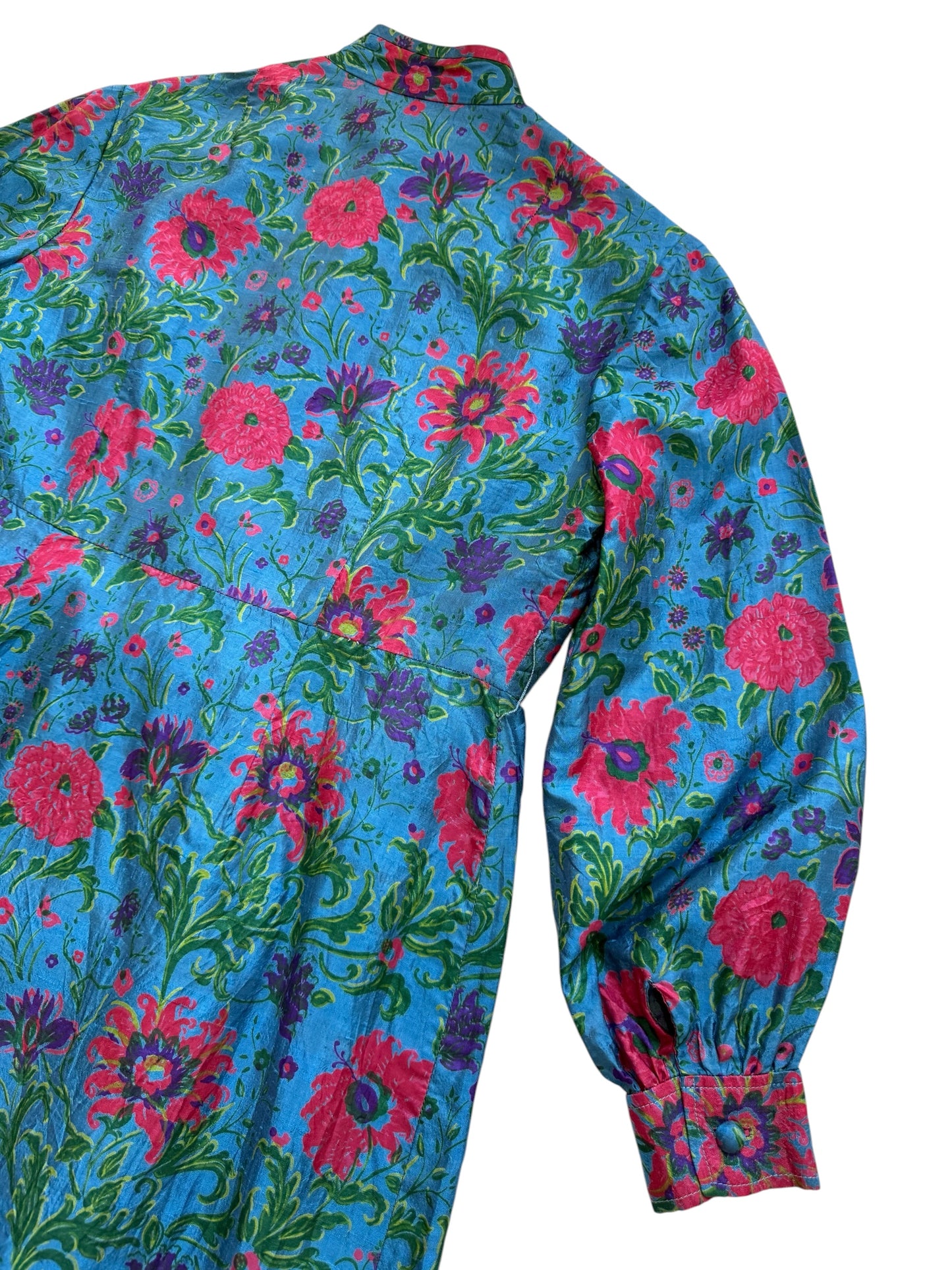 Vintage 1960s James Chen Hong Kong Blue Floral Mock Neck Midi Dress