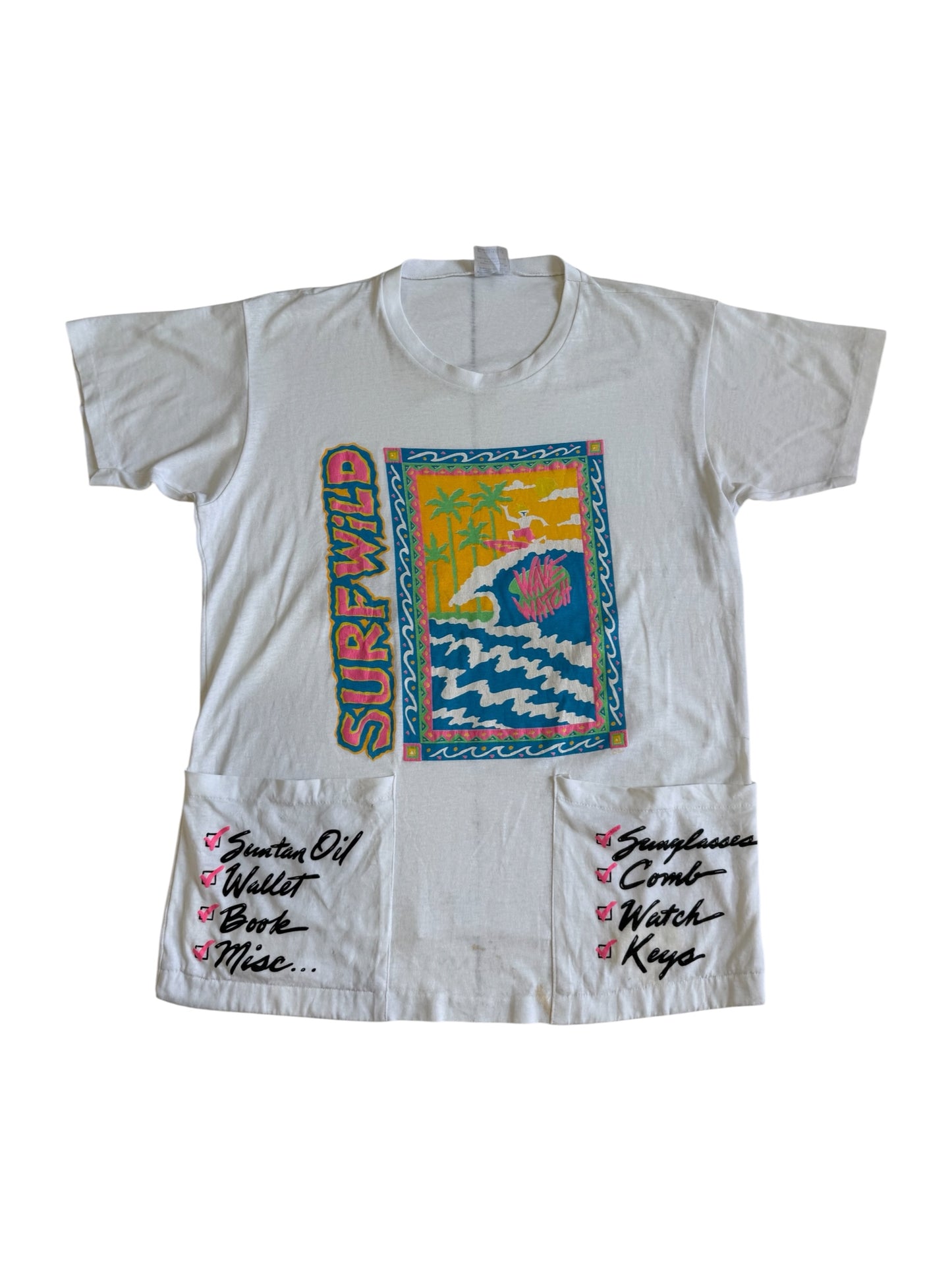 Vintage 80s 90s Surf Wild Beach Cover Up Tshirt Pocket Checklist Made In Usa
