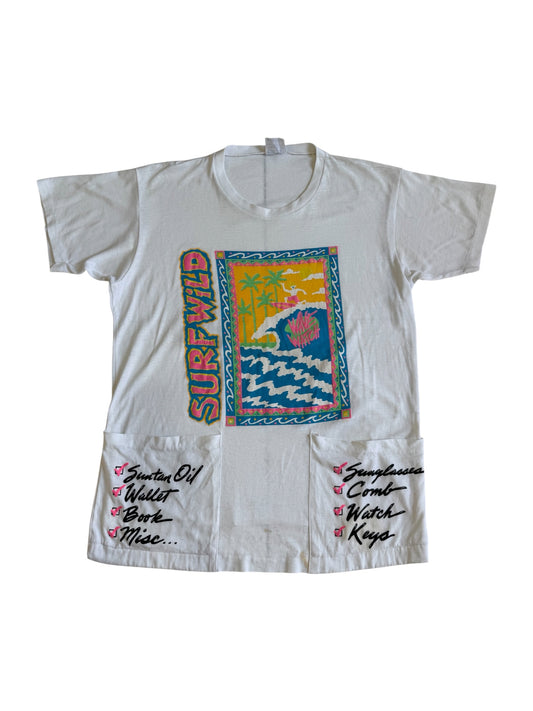 Vintage 80s 90s Surf Wild Beach Cover Up Tshirt Pocket Checklist Made In Usa