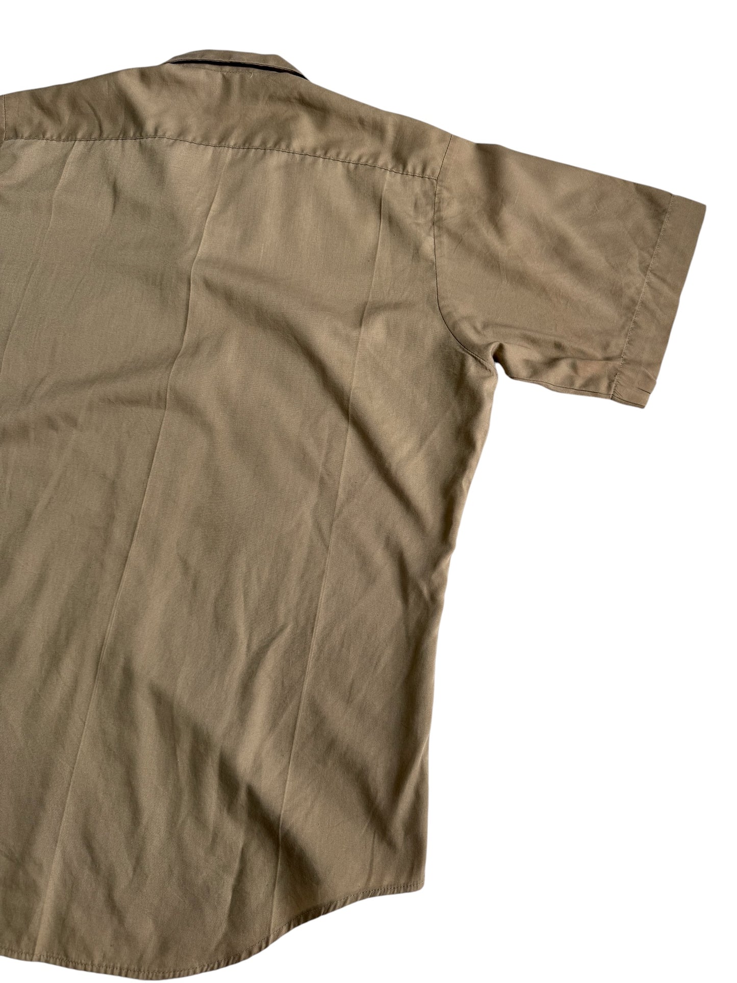 Vintage Beige Short Sleeve Utility Work Shirt Open Collar Button Up