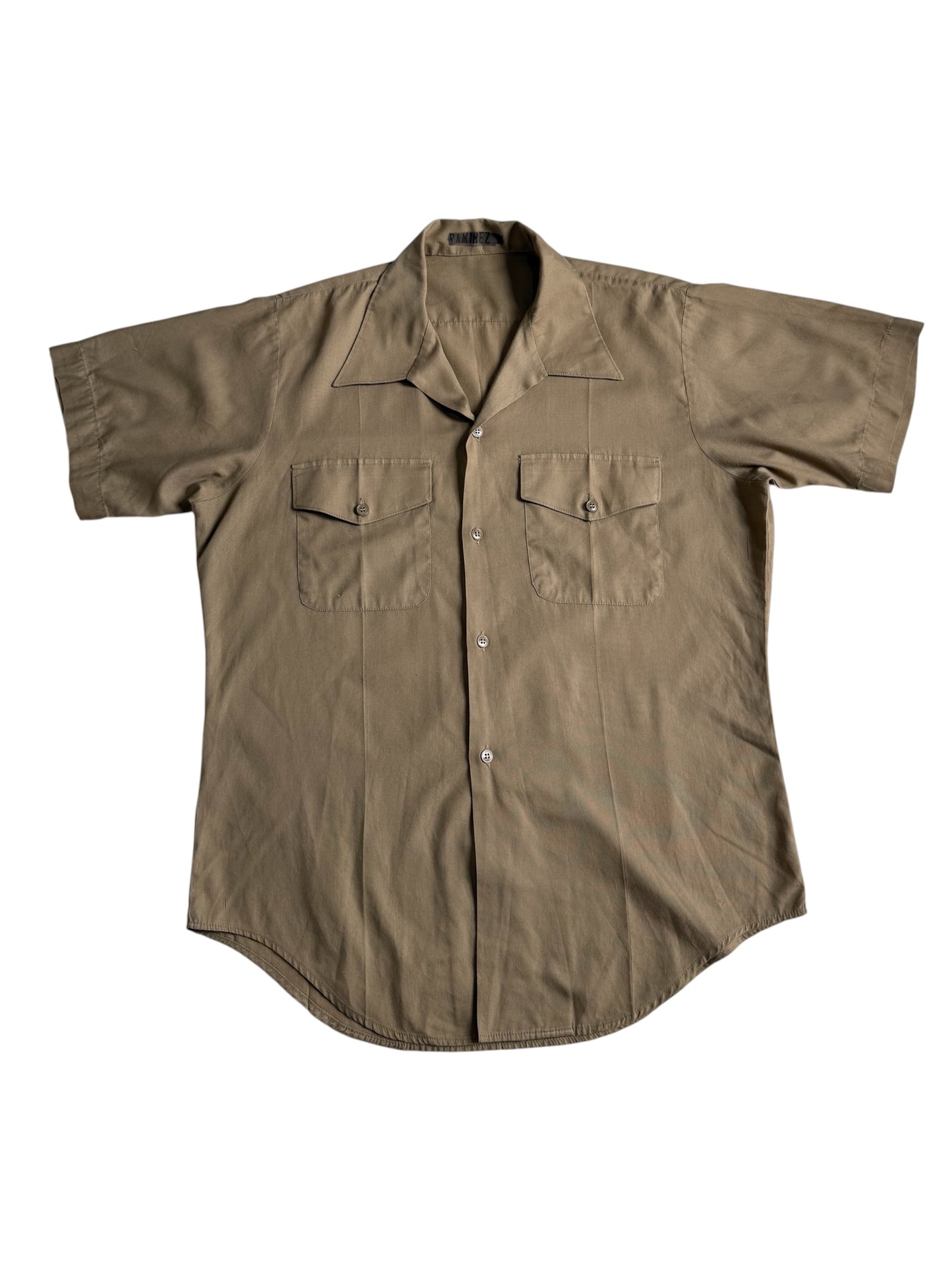 Vintage Beige Short Sleeve Utility Work Shirt Open Collar Button Up