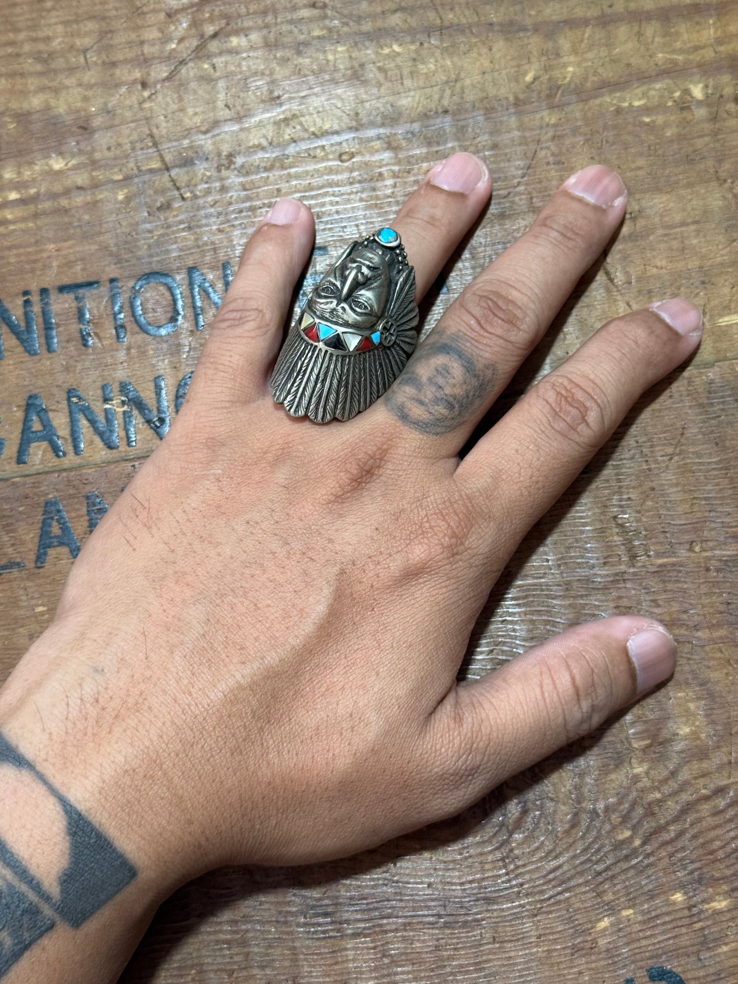 Native Chief Statement Ring Turquoise Inlay Bandana Slide