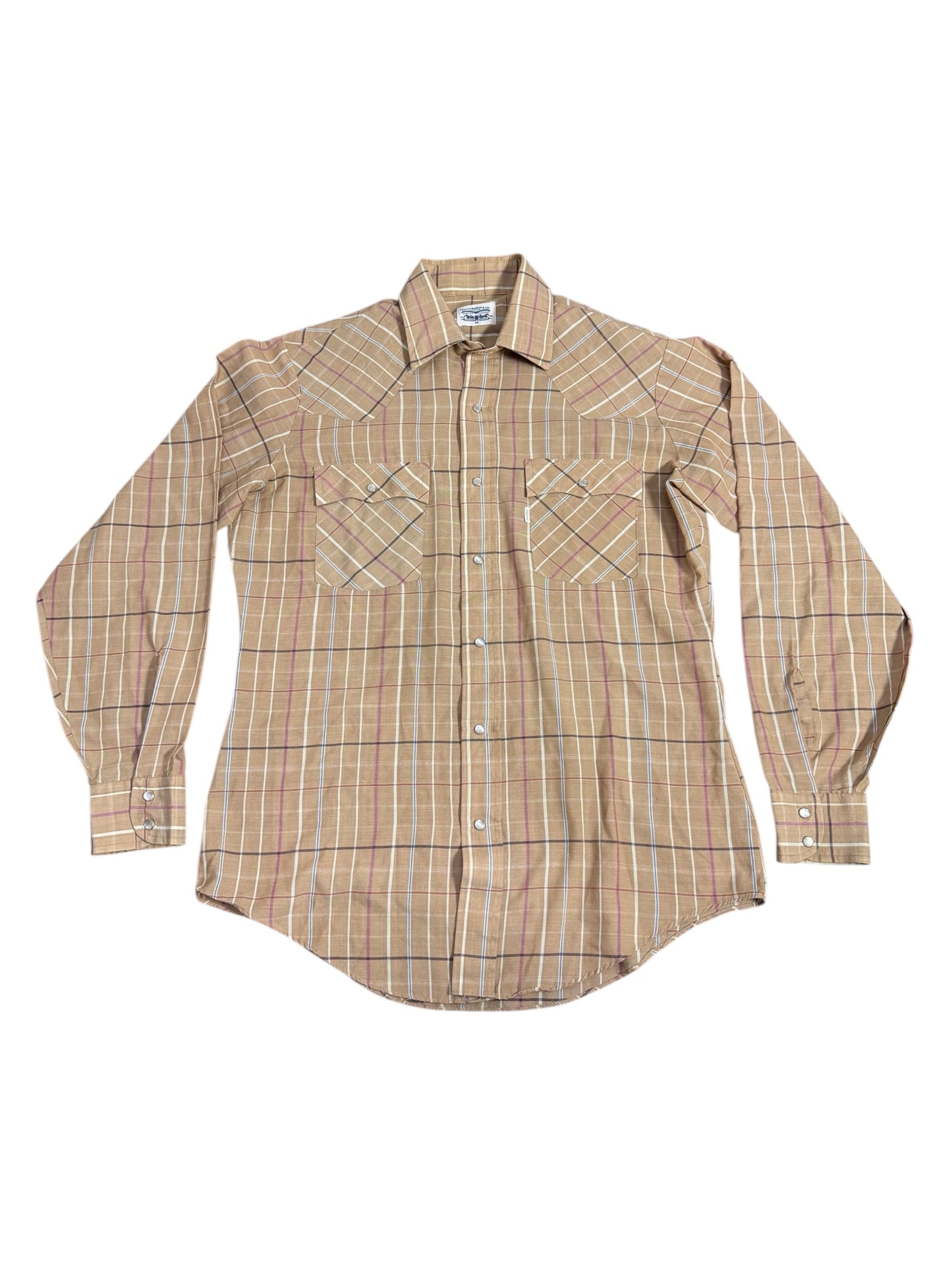 Vintage 1970s-80s Levis Plaid Western Shirt Tan Pearl Snap