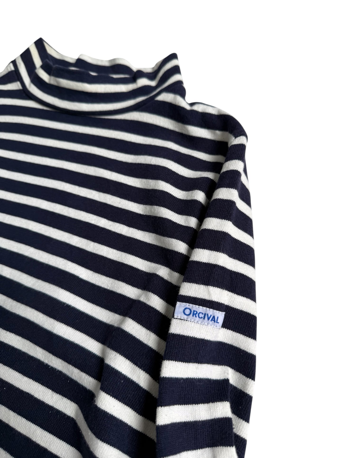 Orcival France Navy White Striped Mock Neck Breton Shirt