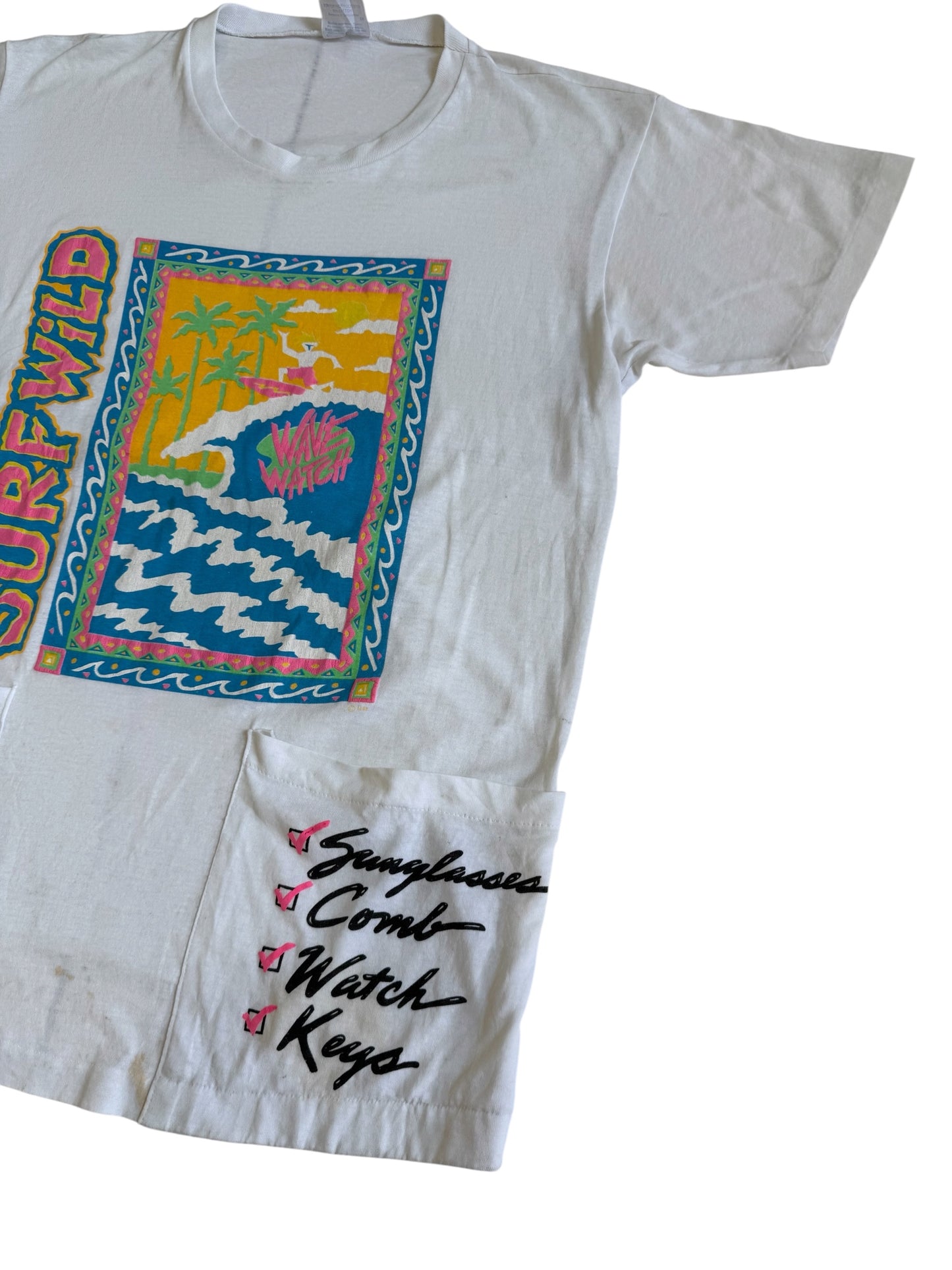 Vintage 80s 90s Surf Wild Beach Cover Up Tshirt Pocket Checklist Made In Usa