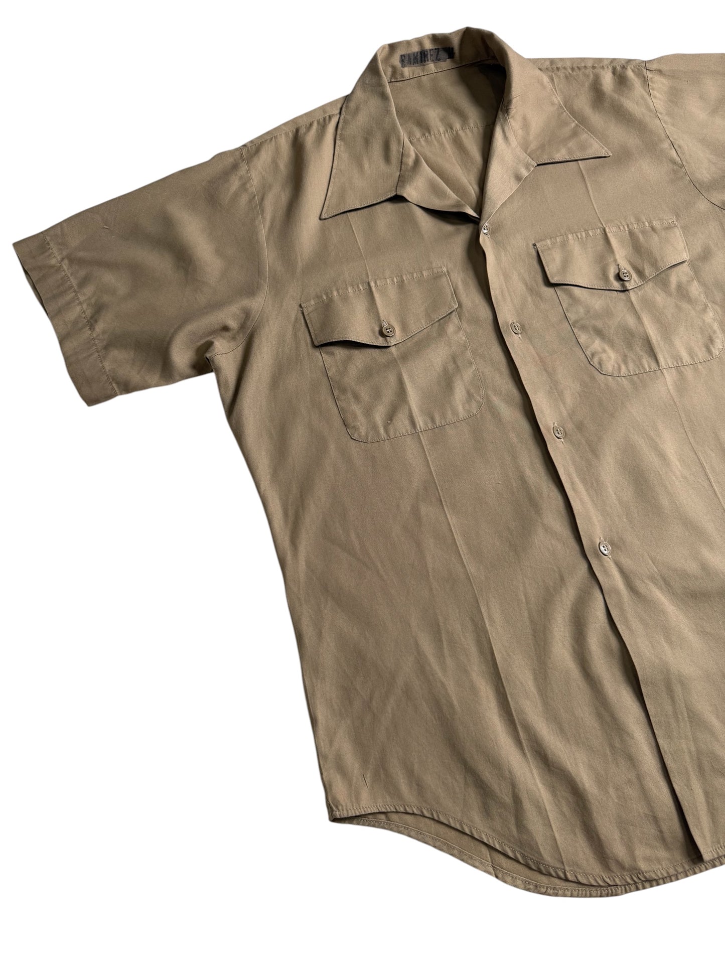Vintage Beige Short Sleeve Utility Work Shirt Open Collar Button Up