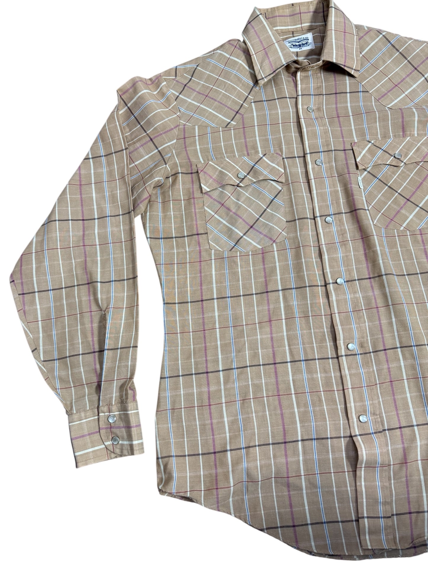 Vintage 1970s-80s Levis Plaid Western Shirt Tan Pearl Snap