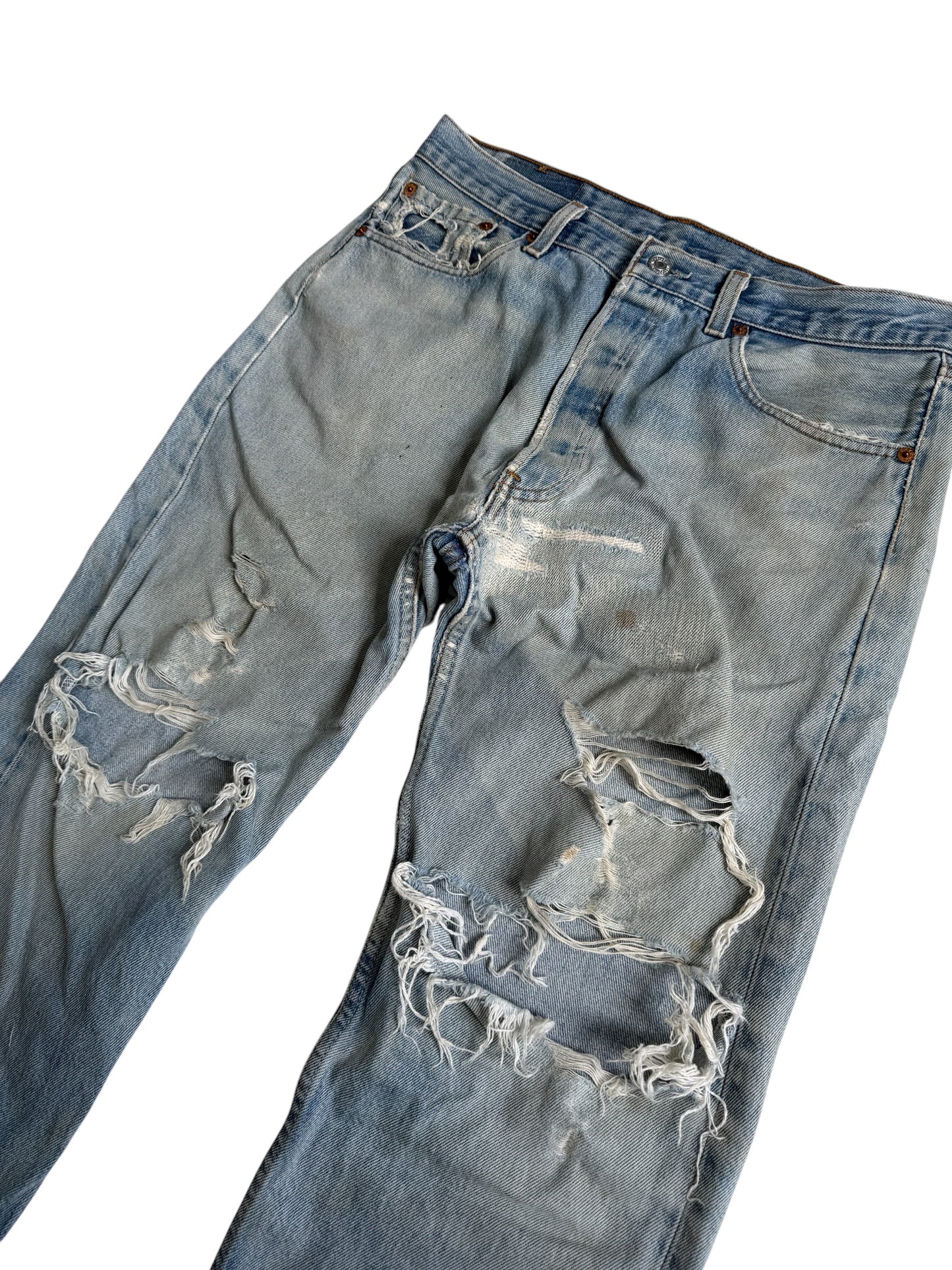 Vintage Levis 501XX Distressed Cropped Jeans Made in USA Light Wash Denim