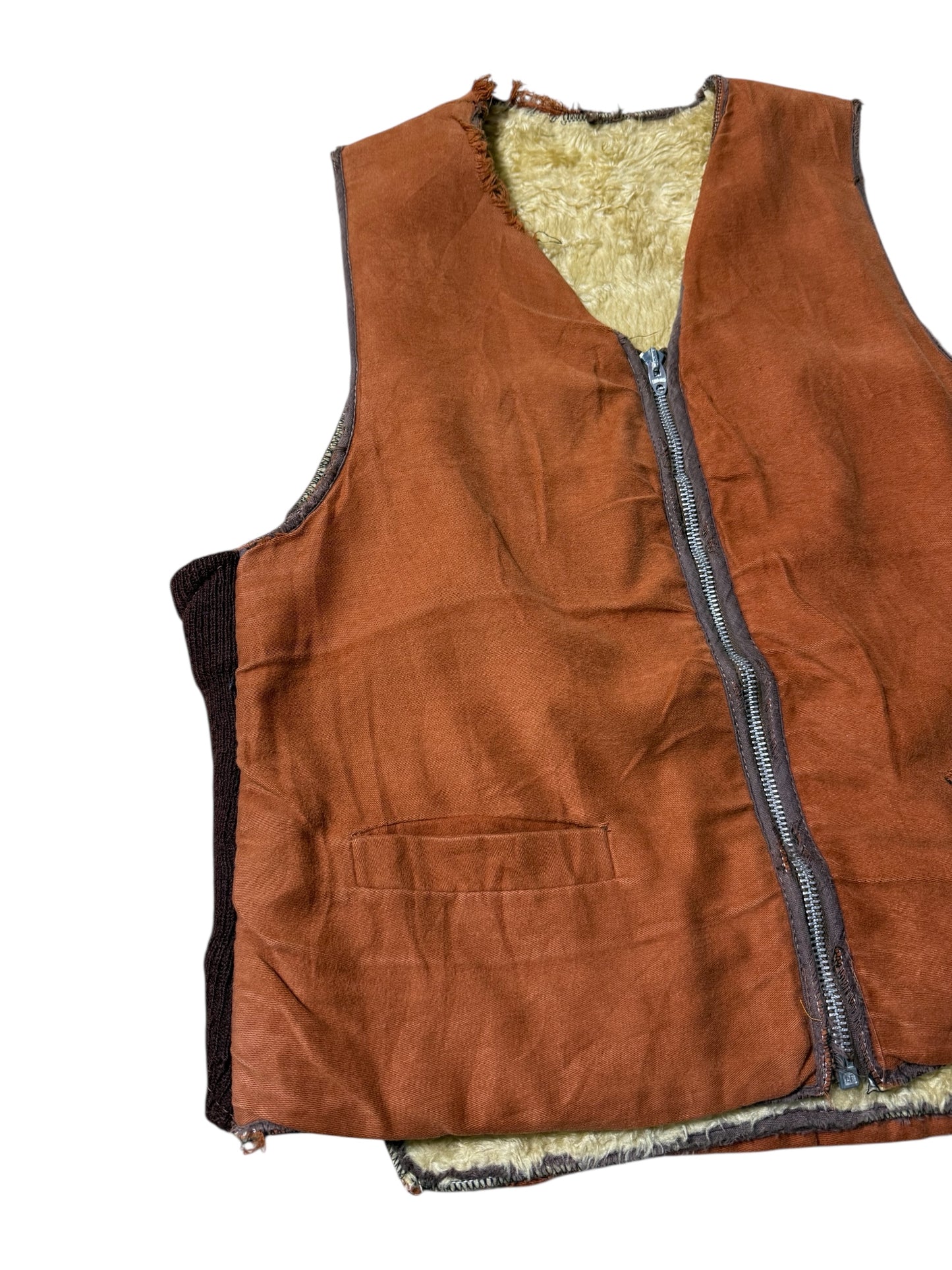 Vintage Shearling Lined Workwear Vest 1950s 1960s Brown Zip Front