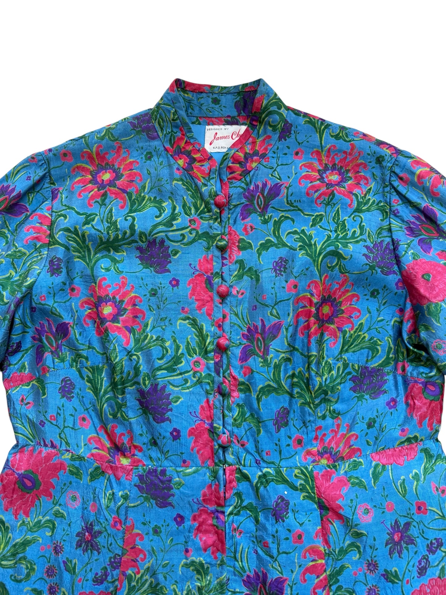 Vintage 1960s James Chen Hong Kong Blue Floral Mock Neck Midi Dress