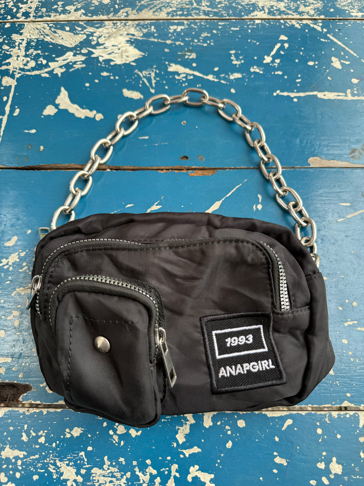 Y2K ANAP GIRL 1993 Black Nylon Mini Bag Silver Chain Handle
