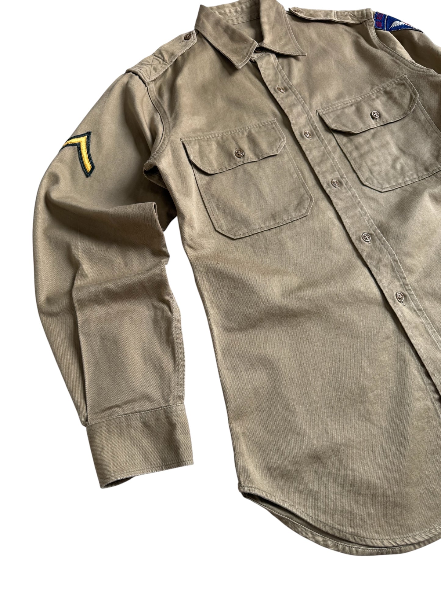 Vintage 1962 US Army Khaki Twill Uniform Shirt 11th Air Assault Division PFC Patch