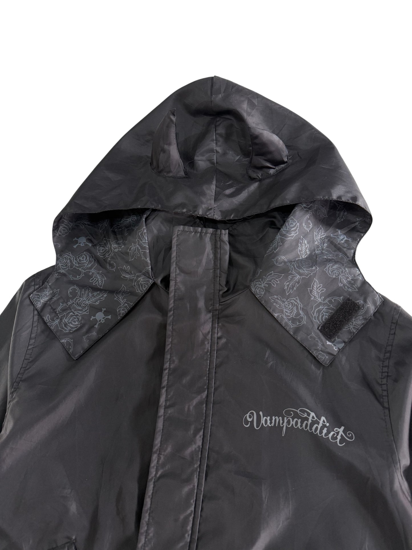 Vampaddict Gothic Hooded Rain Parka Jacket Rock N Roll Skull Graphic
