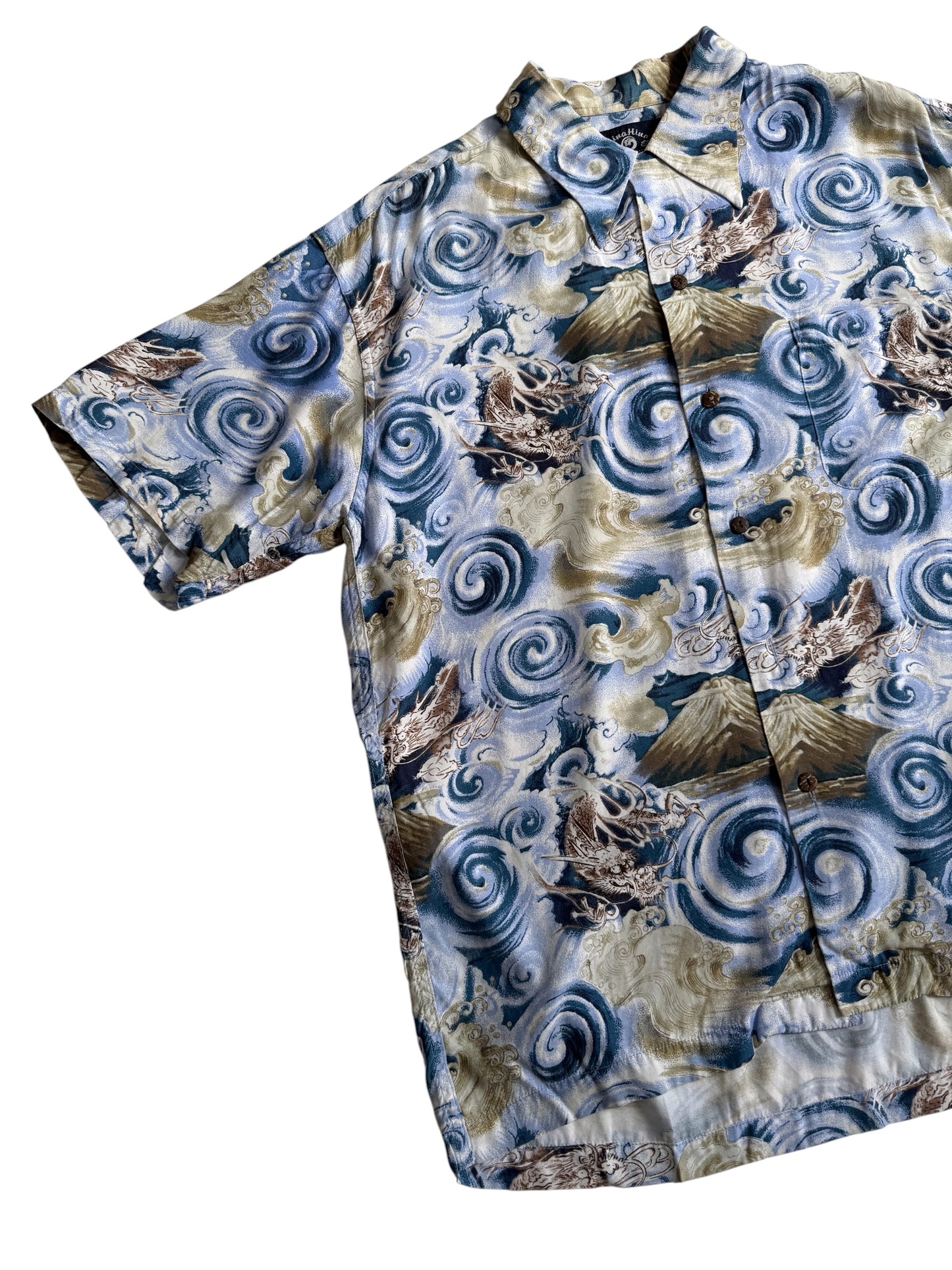 Vintage HinaHina Hawaiian Rayon Aloha Shirt Dragon Mount Fuji Wave Print