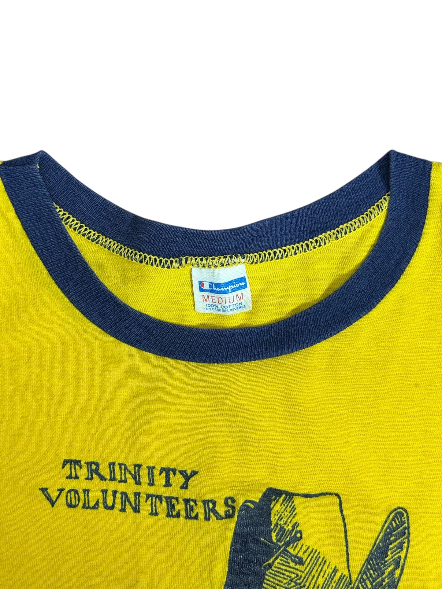 Vintage 1970s Champion Blue Bar Ringer Tshirt Trinity Volunteers Tradition