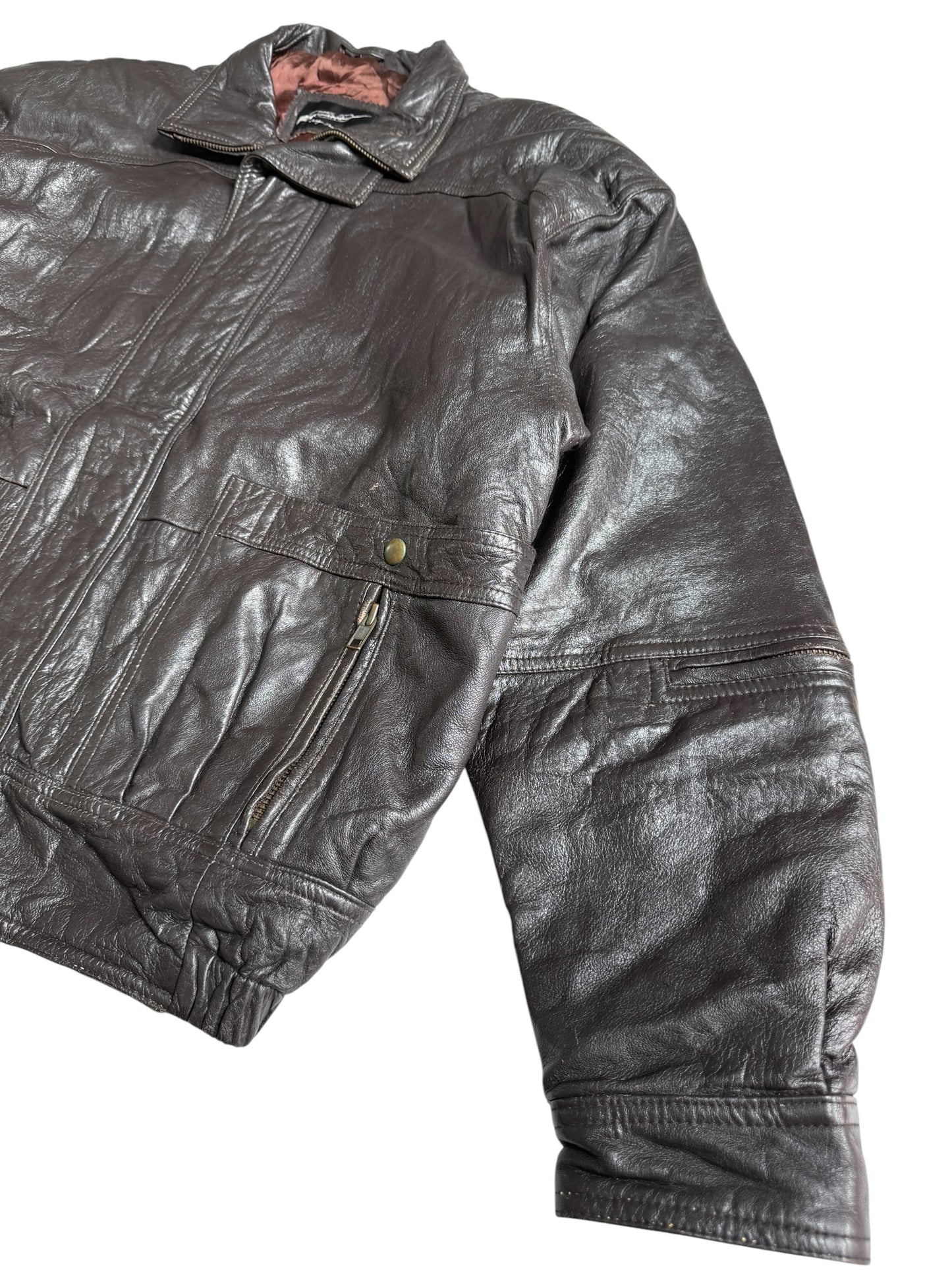 Vintage Three Gold Japan Dark Brown Leather Bomber Jacket