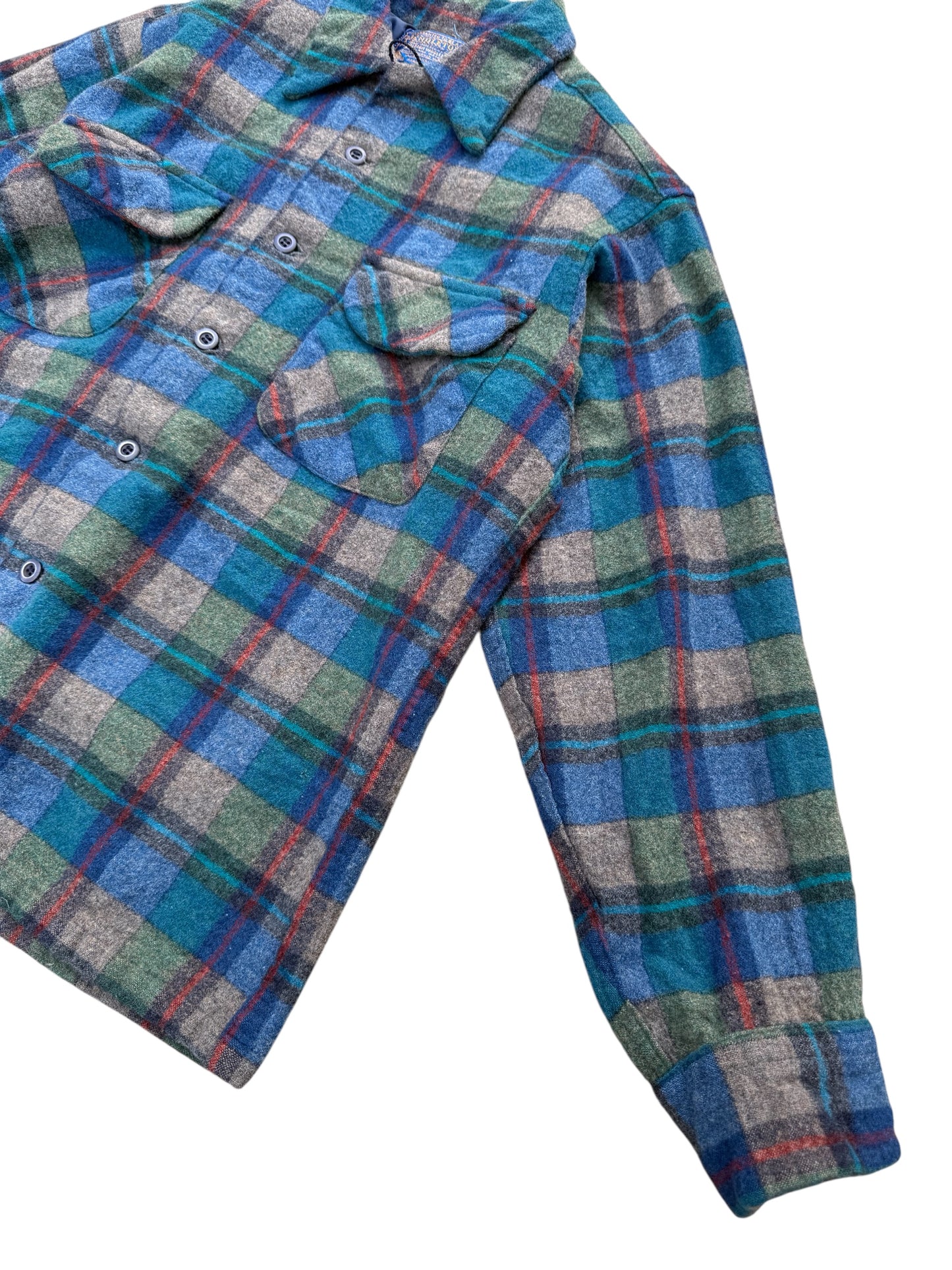 Vintage 1950s-60s Pendleton Wool Shirt Blue Green Plaid Loop Collar USA Made