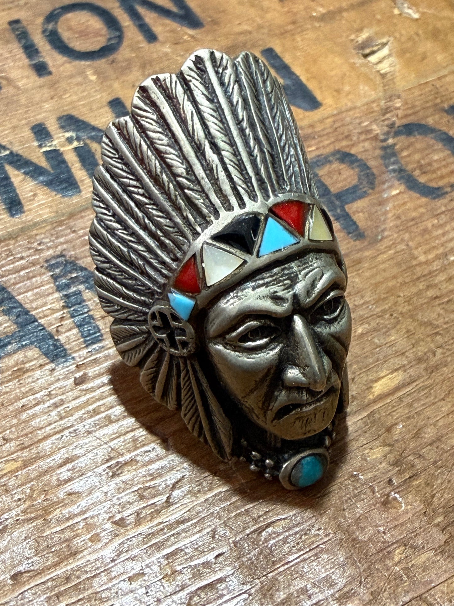 Native Chief Statement Ring Turquoise Inlay Bandana Slide