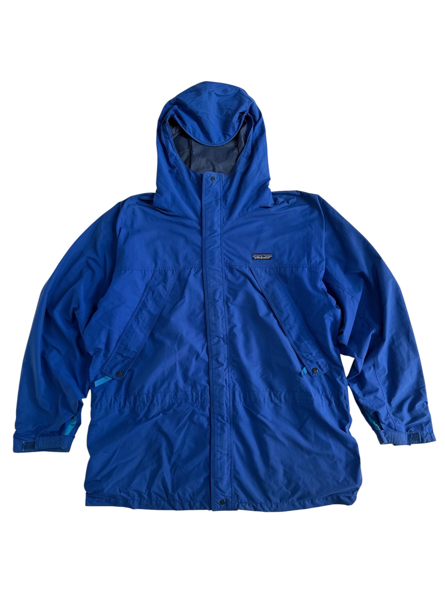 Vintage 1990s Patagonia Hooded Rain Jacket Blue Outdoor Shell Windbreaker