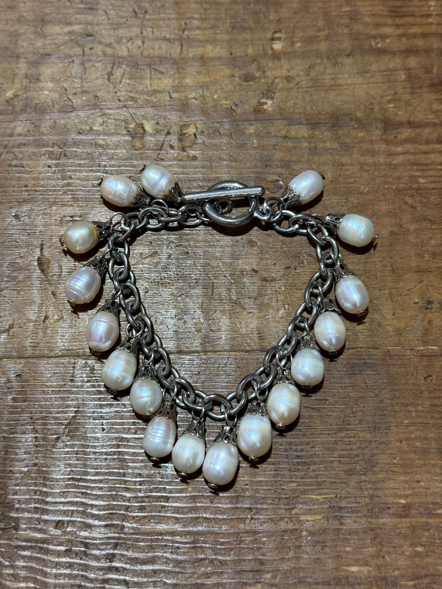 Vintage Pearl Charm Bracelet Sterling Silver Chain Dangle