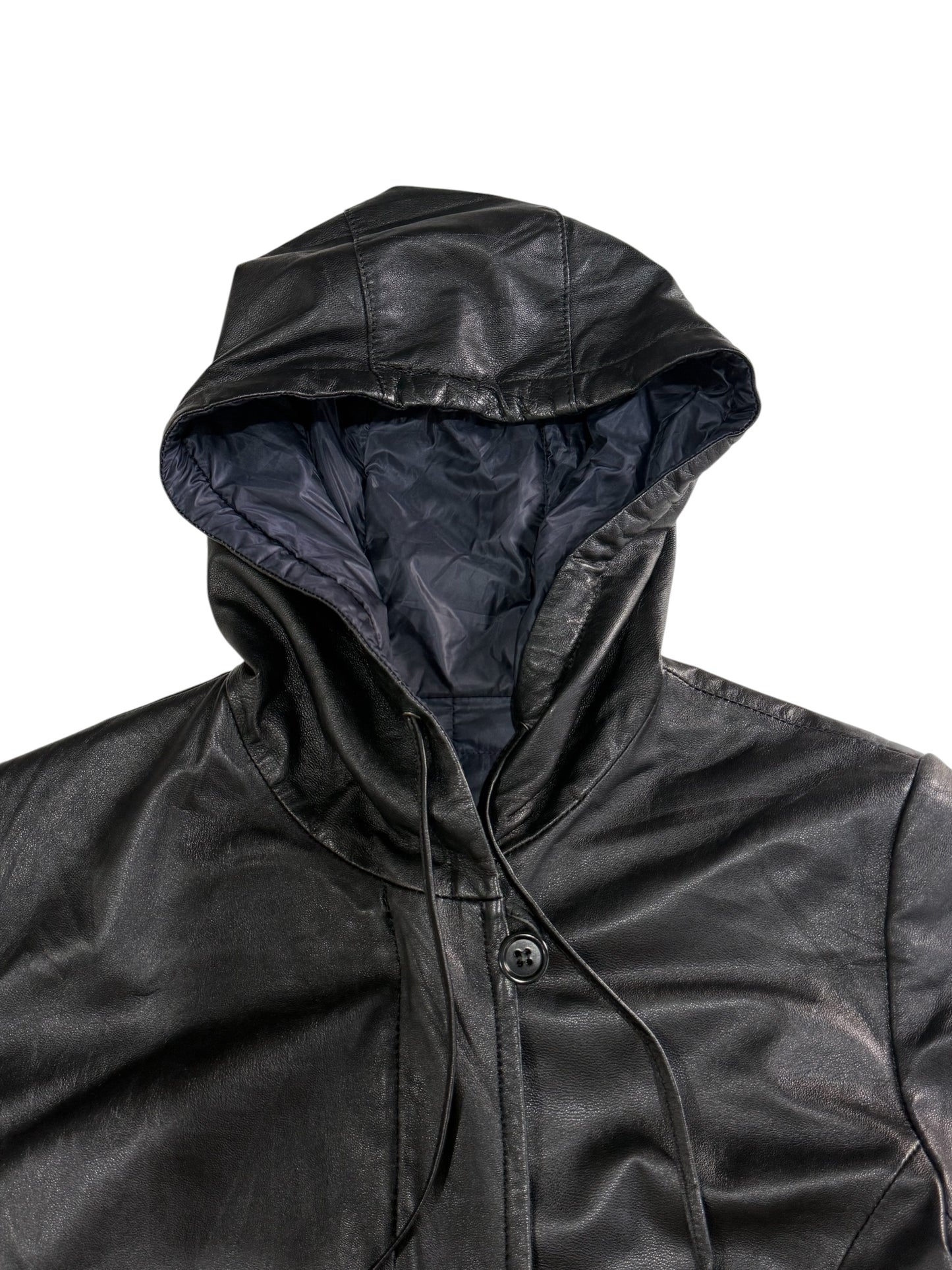 Vintage Balmain Paris Lambskin Leather Down Puffer Coat Women Hooded