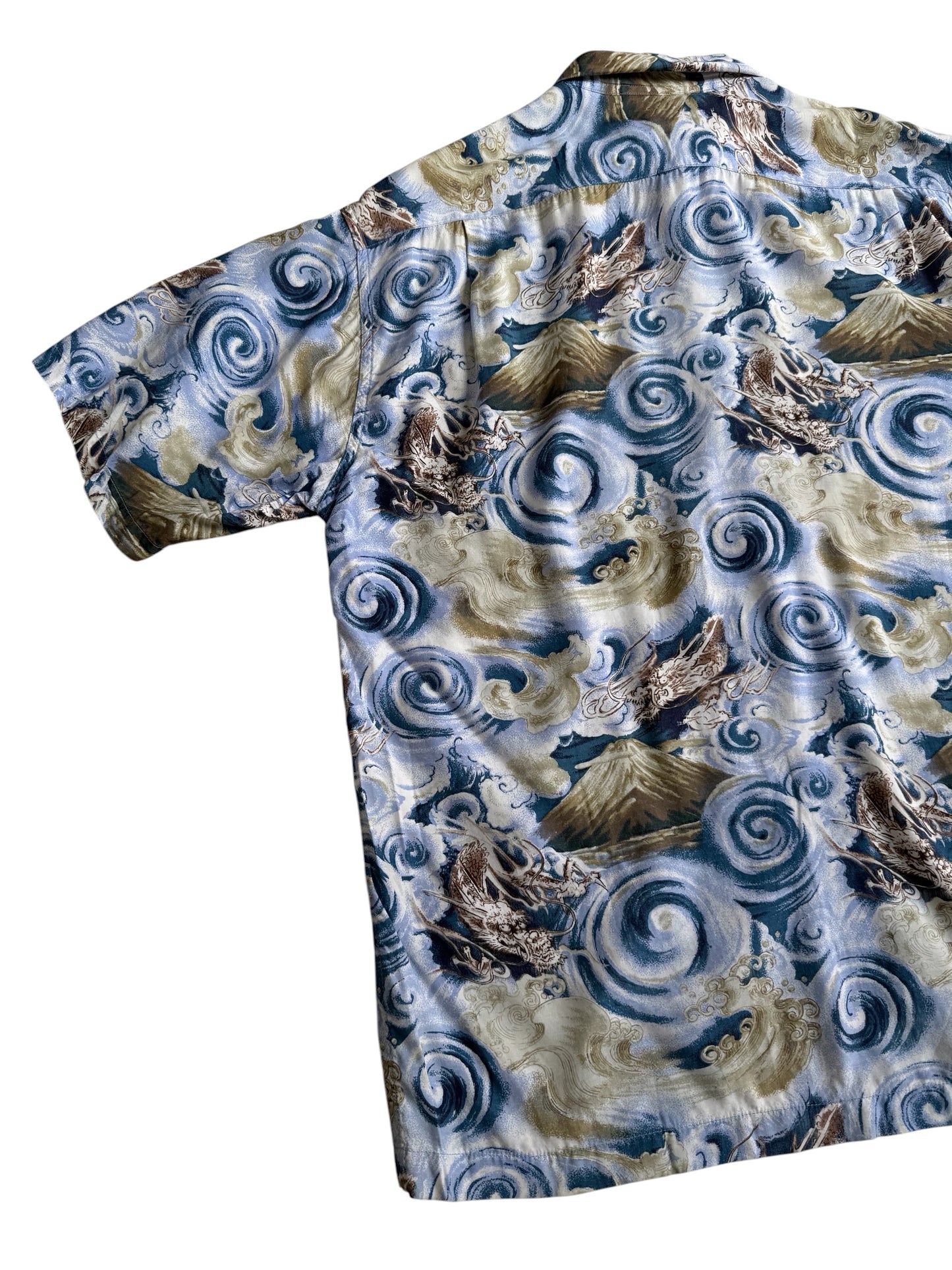 Vintage HinaHina Hawaiian Rayon Aloha Shirt Dragon Mount Fuji Wave Print