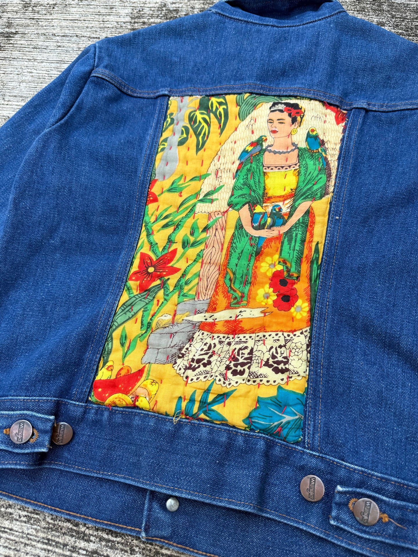 Vintage Wrangler Denim Jacket 1980s with Custom Frida Kahlo Back Patch
